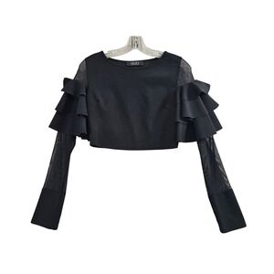 Akira Crop Top‎ Size Medium Black MeshRuffle Sleeve Punk Goth Festival Coachella